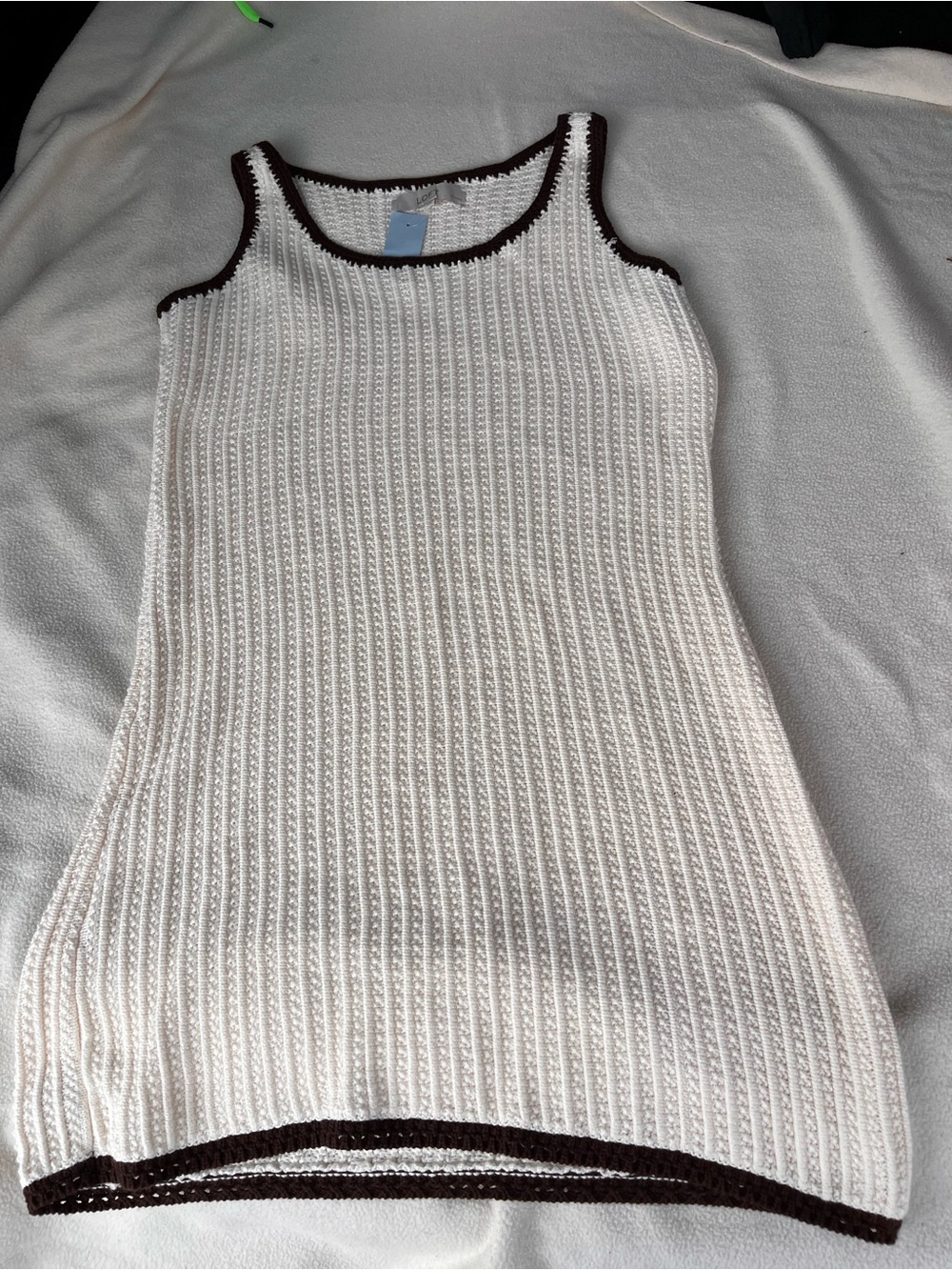 LOFT Cream Knit Tank Sweater dress with Brown Trim Petite Medium